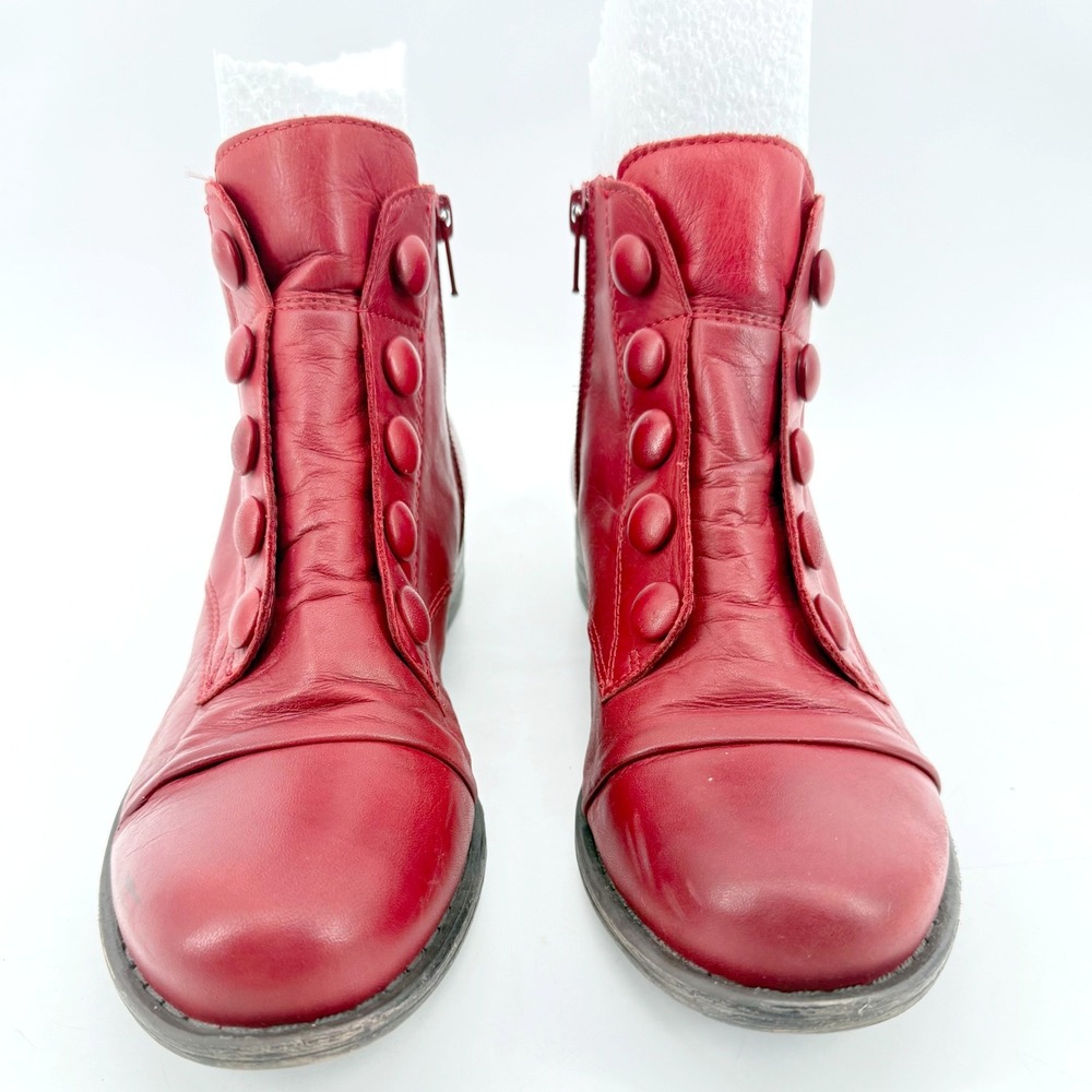 Spring Step L'Artriste Louise Button Ankle Boots 6.5 Red Leathr Side Zip Cap Toe - Picture 7 of 11